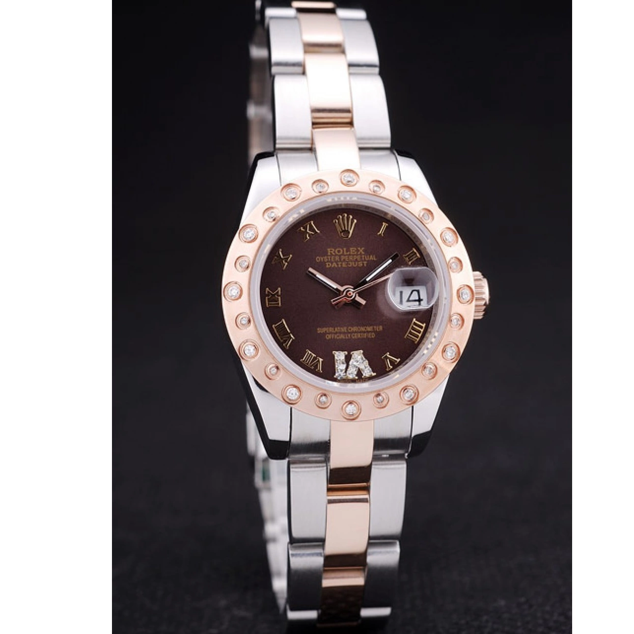 Aaa fake watches 7475 Bezel Dial Datejust Gold Brown Diamonds Rose Rolex Polished 0719